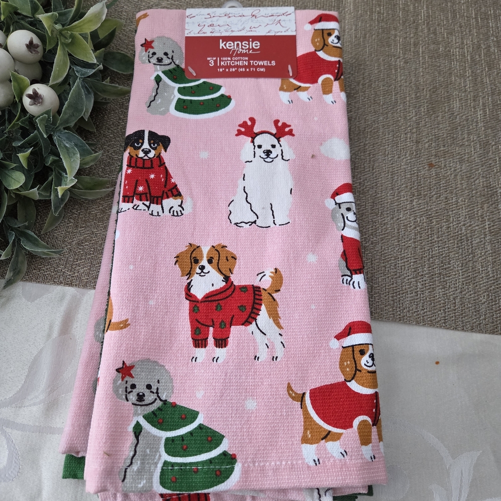 Kensie Holiday Dog Print Kitchen Towels - Pink and Red - Picture 2 of 4